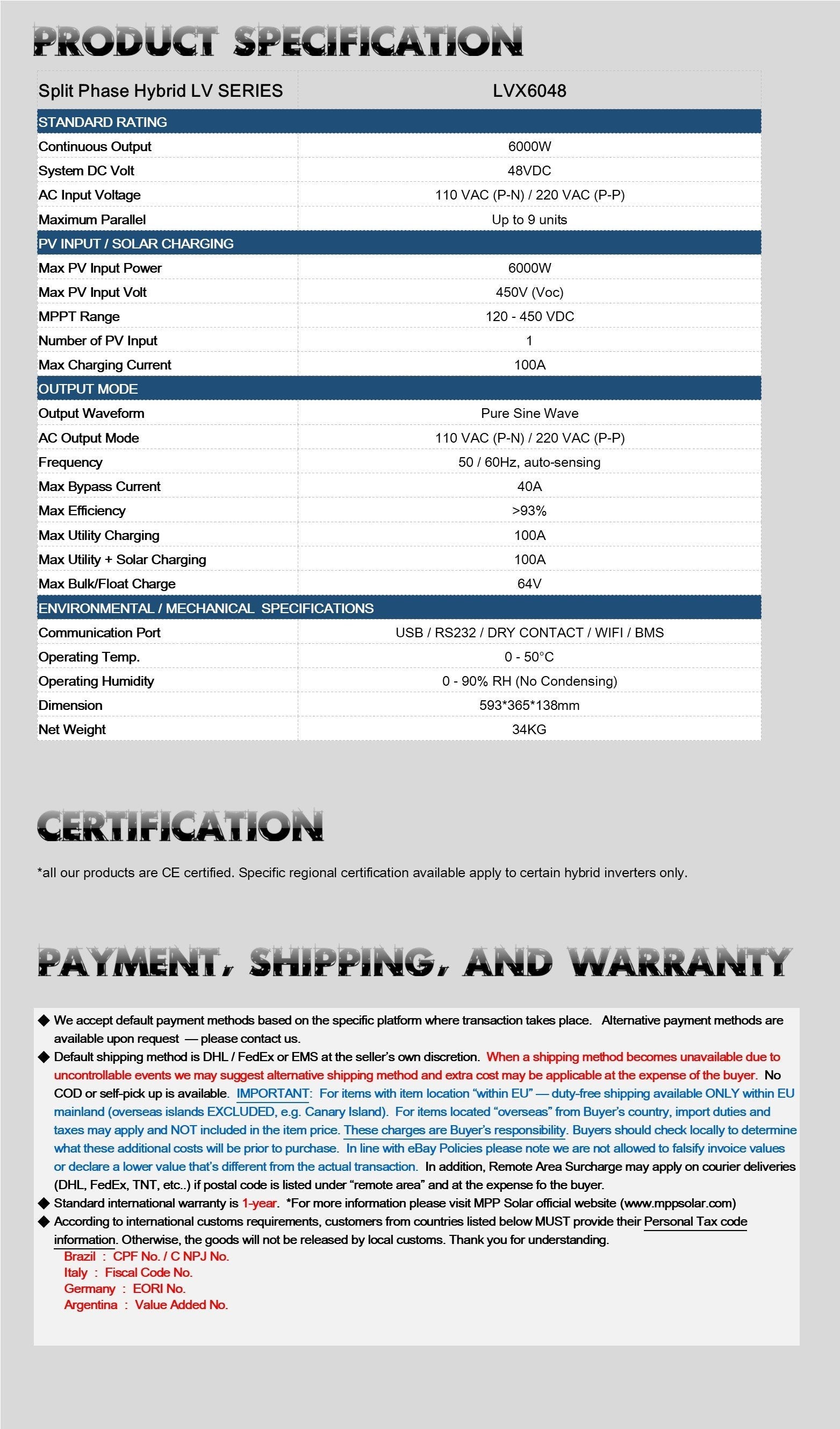 MPP Solar LVX6048 Hybrid Solar Inverter Split Phase 120V/240V Output | 2-Year Warranty - ShopSolarKits.com