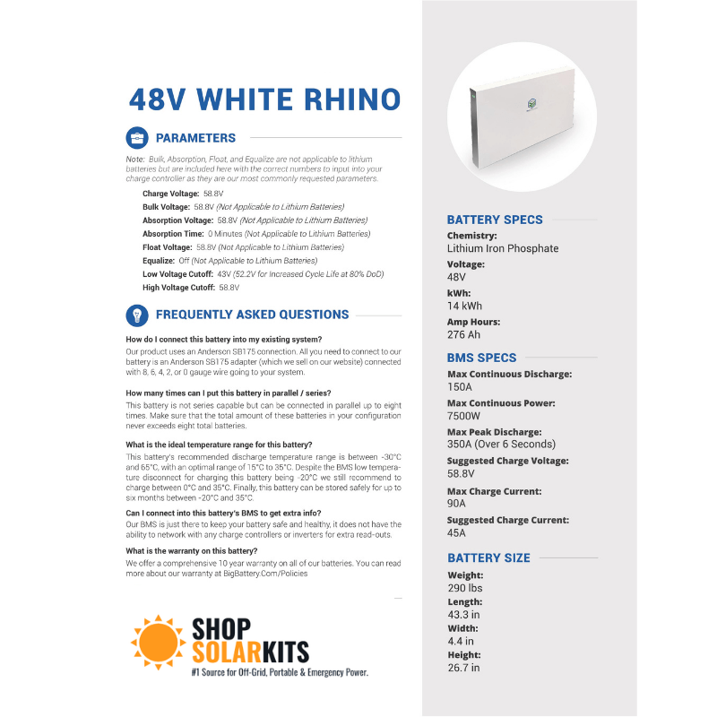 48V RHINO 14kWh Lithium Battery Bank | 14,000wH / 276Ah 48V Lithium Battery | 8,000 Cycles - ShopSolar.com