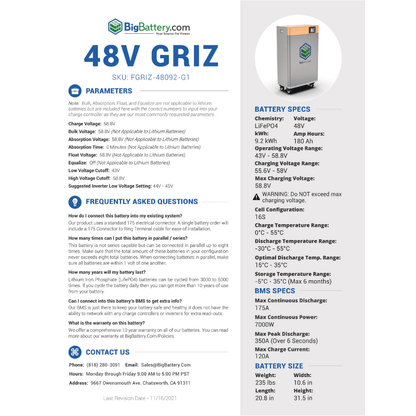 GRIZ 48V 9.2kWh Lithium Battery | 9,200wH / 180Ah 48V Lithium Battery | [Discontinued] - ShopSolar.com