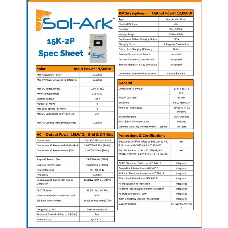 Sol-Ark 15K 120/240/208V 48V [All-In-One] Pre-Wired Hybrid Solar Inverter | 10-Year Warranty - ShopSolar.com